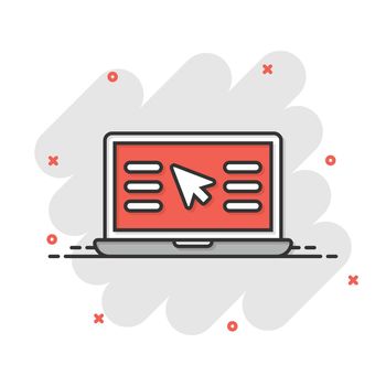 Laptop computer icon in comic style. Cursor on notebook cartoon vector illustration on white isolated background. Monitor splash effect business concept.