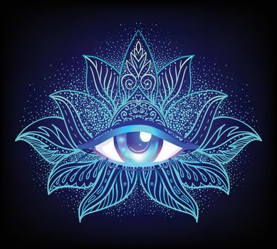 Sacred geometry symbol with all seeing eye over in acid colors. Mystic, alchemy, occult concept. Design for indie music cover, t-shirt print, psychedelic poster, flyer.