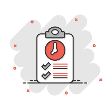 Document witch clock icon in flat style. Checklist survey vector illustration on white isolated background. Fast service business concept.