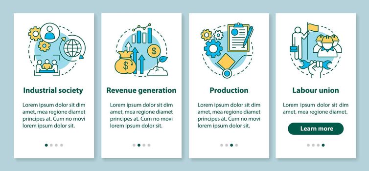 Production process onboarding mobile app page screen with linear concepts. Industrial society, labour union walkthrough steps graphic instructions. UX, UI, GUI vector template with illustrations
