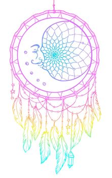 Hand drawn Native American Indian talisman dreamcatcher with feathers, moon. Vector hipster illustration isolated on white. Ethnic design, boho chic, Blackwork tattoo flash.