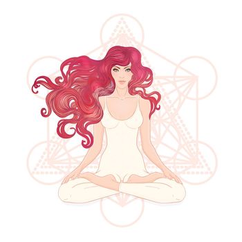 Beautiful Caucasian Girl with long curly red hair sitting in Lotus pose with ornate mandala on background. Vector illustration. Spa consent, yoga studio, or natural medicine clinic.