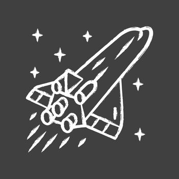 Spaceship chalk icon. Flying spacecraft. Aerospace vehicle. Interstellar space ship. Missile, aircraft. Human spaceflight. Space exploration. Isolated vector chalkboard illustration