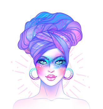 Cute teen girl with galaxy make up, stars, constellations and turban on her head. Vector zodiac illustration.