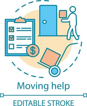 Moving help concept icon. Home service idea thin line illustration. Packing and unpacking boxes. Loading items, furniture into truck. Heavy lifting. Vector isolated outline drawing. Editable stroke