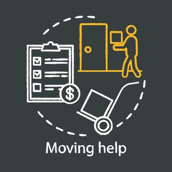 Moving help chalk concept icon. Home service idea. Packing and unpacking boxes. Loading items, furniture into truck. Heavy lifting. Vector isolated chalkboard illustration