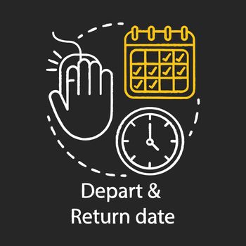 Depart and return date chalk icon. Travel insurance idea thin line illustration. Travel by plane. Flights schedules and timetables. Air transport services. Isolated vector chalkboard illustration