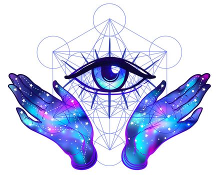 Female hands with galaxy inside open around masonic symbol. New World Order. Hand-drawn alchemy, religion, spirituality, occultism. Vector illustration.