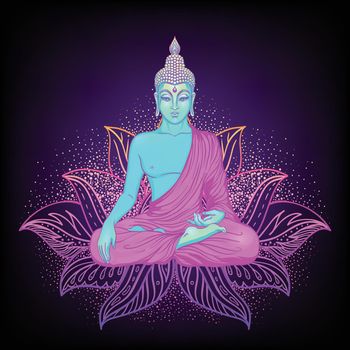 Sitting Buddha silhouette over ornamental Lotus flower. Esoteric vector illustration. Vintage decorative, Indian, Buddhism, spiritual art. Hippie tattoo, spirituality
