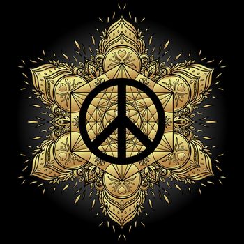 Peace symbol over decorative ornate background mandala round pattern. Boho, hippie style. Freedom, spirituality, occultism, textiles art. Vector illustration