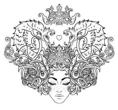 Tribal Fusion Boho Diva. Beautiful girl with ornate crown and Fantasy creature dragon. Medieval Heraldic coat of arms crest shield emblem. Bohemian goddess. Handdrawn illustration.