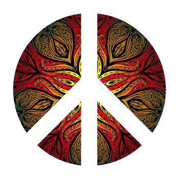Peace Hippie Symbol over decorative ornate background. Freedom, spirituality, occultism, textiles art. Vector illustration for t-shirt print.