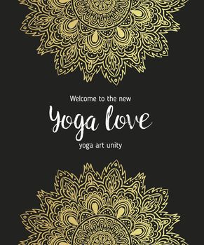 Yoga business card design in gold an black. Template for spiritual retreat or yoga studio. Ornamental business cards, oriental pattern. Vector illustration..