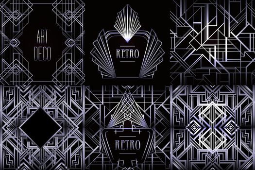 Art Deco vintage patterns and design elements. Retro party geometric background set (1920's style). Vector illustration for glamour party.