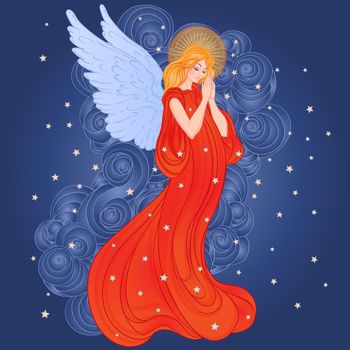 Angel girl with wings, cross, roses and halo. Isolated hand drawn vector illustration. Trendy Vintage style element.