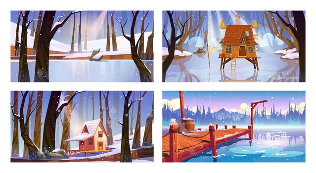 Set of winter landscape backgrounds with houses