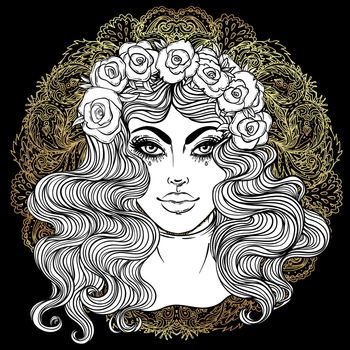 Madonna, Lady of Sorrow. Devotion to the Immaculate Heart of Blessed Virgin Mary, Queen of Heaven. Vector illustration isolated. Coloring book for adults.