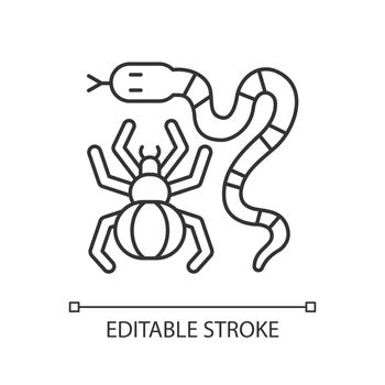 Dangerous animals linear icon. Exotic pets. Poisonous snakes and venomous spiders. Thin line customizable illustration. Contour symbol. Vector isolated outline drawing. Editable stroke