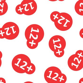 Twelve plus icon in flat style. 12+ vector illustration on white isolated background. Censored seamless pattern business concept.