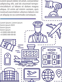 Airline article page vector template. Tourism and travel. Brochure, magazine, booklet design element with linear icons and text boxes. Print design. Concept illustrations with text space