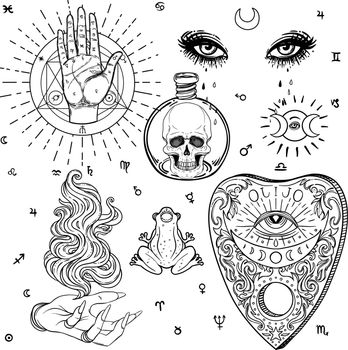 Witchcraft set of vector isolated illustrations in Victorian style. Hand, planchette, skull, eyes. Mediumship divination equipment. Alchemy, religion, spirituality, occultism.