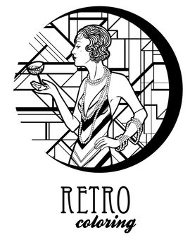 Retro coloring book for kids and adults: retro women of twenties. Vector illustration. Flapper girl 20's style. Retro party invitation design template.