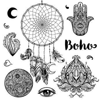 Set of Boho Chic Style Elements. Vector illustration. Tattoo template. Hand drawn clip art of Native American Indian talisman dream catcher. Tribal collection. Hippie design elements.