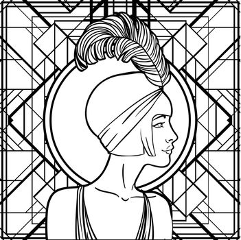 Retro coloring book for kids and adults: retro women of twenties. Vector illustration. Flapper girl 20's style. Retro party invitation design template.