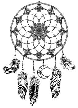 Hand drawn Native American Indian talisman dream catcher, feathers, moon. Vector hipster illustration isolated on white. Ethnic design, boho, dreamcatcher tribal symbol.