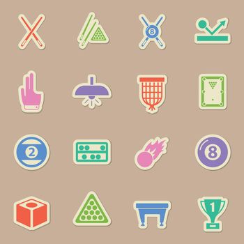 billiards color sticker vector icons. billiards paper labels with transparent shadow on beige background for web, mobile and user interface design
