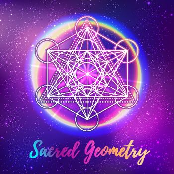 Sacred geometry abstract background. Good design for textile t-shirt print, flyer and poster background. Futuristic vector illustration in bright neon colors.