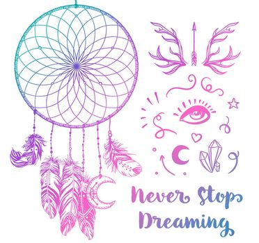 Hand drawn Native American Indian talisman dream catcher, feathers, moon. Vector hipster illustration isolated on white. Ethnic design, boho, dreamcatcher tribal symbol.