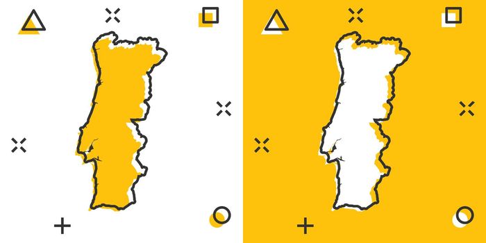 Vector cartoon Portugal map icon in comic style. Portugal sign illustration pictogram. Cartography map business splash effect concept.