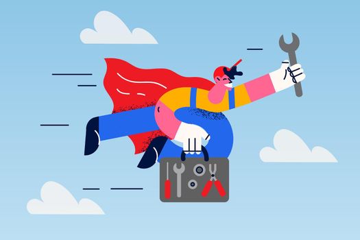 Motivated mechanic as superhero fly to customer