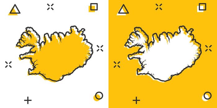 Vector cartoon Iceland map icon in comic style. Iceland sign illustration pictogram. Cartography map business splash effect concept.