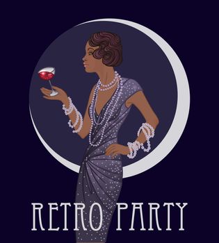 Retro fashion: glamour girl of twenties (African American woman). Vector illustration. Flapper 20's style. Vintage party invitation design template.