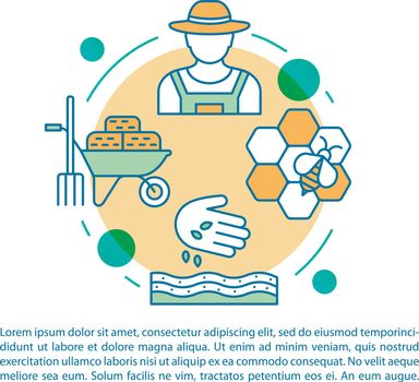 Back to the land article page vector template. Agrarian movement. Brochure, magazine, booklet design element with linear icons and text boxes. Print design. Concept illustrations with text space
