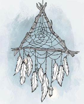 Hand drawn drawing of a triangle-shaped dreamcatcher with feathers. Vector illustration isolated on white . Ethnic tattoo design with American Indians amulet, tribal symbol.