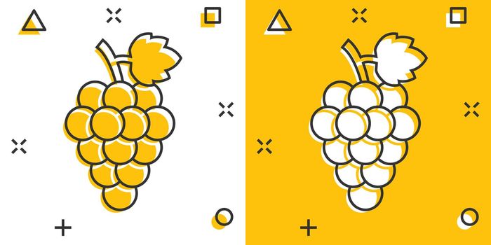 Vector cartoon grape fruit with leaf icon in comic style. Wine sign illustration pictogram. Grapevine business splash effect concept.