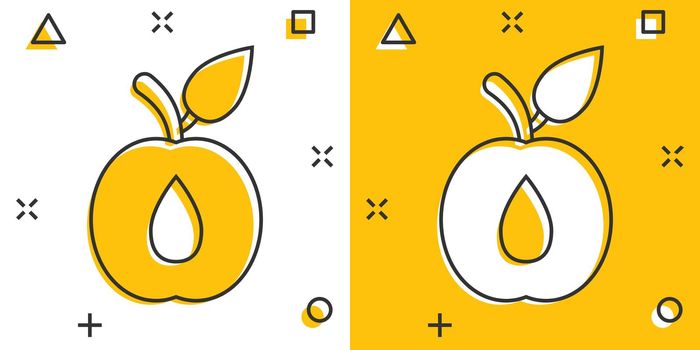 Apricot fruit icon in comic style. Peach dessert vector cartoon illustration on white isolated background. Organic dessert business concept splash effect.