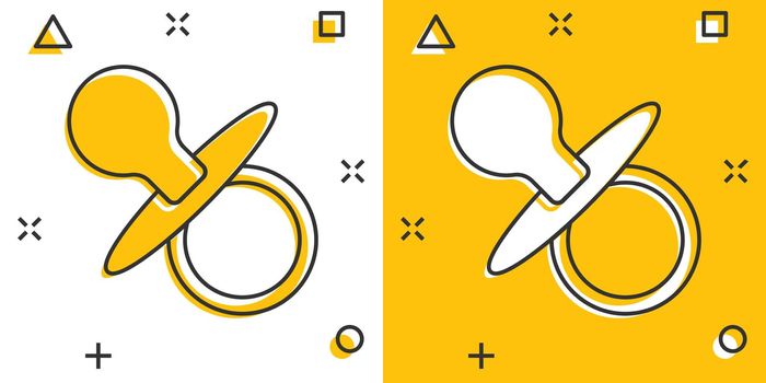 Vector cartoon baby pacifier icon in comic style. Child toy nipple sign illustration pictogram. Pacifier business splash effect concept.