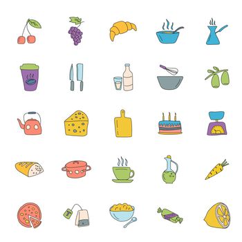 food and kitchen hand drawn linear doodles isolated on white background. food and kitchen icon set for web and ui design, mobile apps and print products