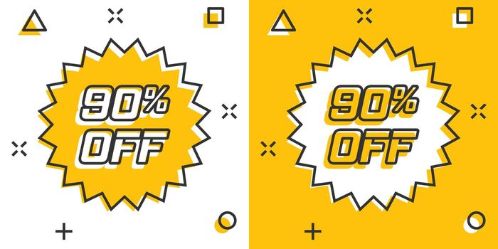 Vector cartoon discount sticker icon in comic style. Sale tag illustration pictogram. Promotion 90 percent discount splash effect concept.