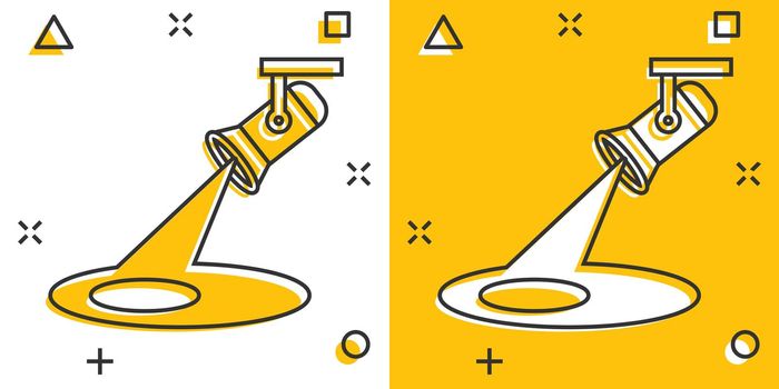 Spotlight icon in comic style. Lamp vector cartoon illustration on white isolated background. Flashlight business concept splash effect.