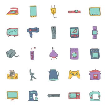electronics hand drawn linear doodles isolated on white background. electronics icon set for web and ui design, mobile apps and print products