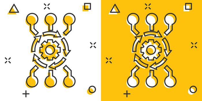 Vector cartoon algorithm api software icon in comic style. Gear with arrow concept illustration pictogram. Algorithm business splash effect concept.