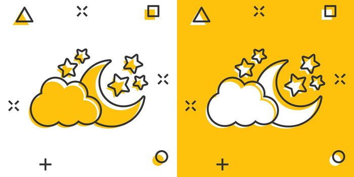 Vector cartoon moon and stars with clods icon in comic style. Nighttime concept illustration pictogram. Cloud, moon business splash effect concept.