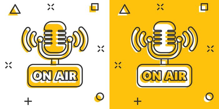 Microphone icon in comic style. Live broadcast vector cartoon illustration on white isolated background. On air business concept splash effect.