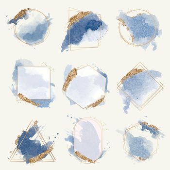 Aesthetic watercolor frame clipart, blue pastel glittery design vector set