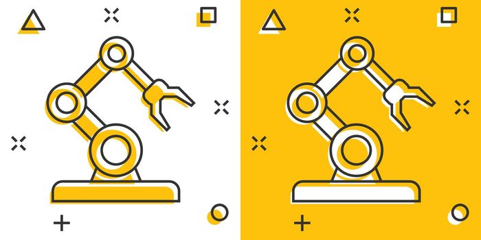 Robot arm icon in comic style. Mechanic manipulator cartoon vector illustration on white isolated background. Machine splash effect business concept.